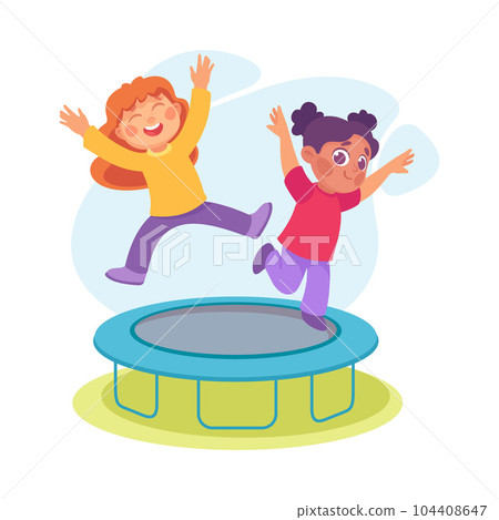 Entertainment with Little Girl in Amusement Park Jumping Trampoline Vector Illustration Entertainment with Little Girl in Amusement Park Jumping Trampoline Vector Illustration 104408647