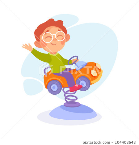 Entertainment with Little Boy in Amusement Park Riding Car Carousel Vector Illustration Entertainment with Little Boy in Amusement Park Riding Car Carousel Vector Illustration 104408648