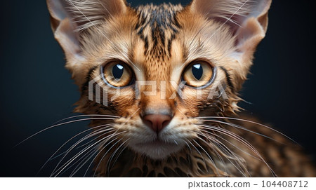 Peterbald cat, cat with big ears and eyes against, Purebred cat looking at the camera. 104408712