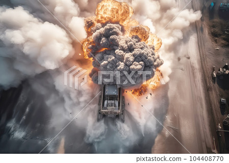 Aerial view of Freight fuel truck explosion with fire and smoke. Generative AI illustration 104408770