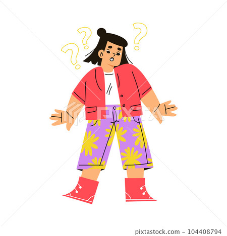 Cute Emotional Girl Child Feeling Puzzled with Face Expression and Gesture Vector Illustration Cute Emotional Girl Child Feeling Puzzled with Face Expression and Gesture Vector Illustration 104408794