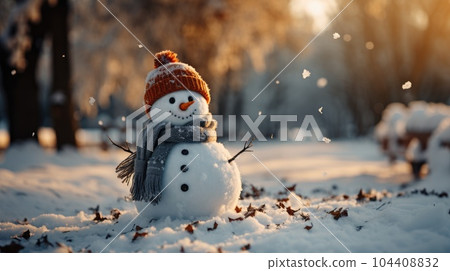 Merry Christmas, Snowman in a winter Christmas scene with snow, Pine trees and warm light. Merry Christmas, Snowman in a winter Christmas scene with snow, Pine trees and warm light. 104408832