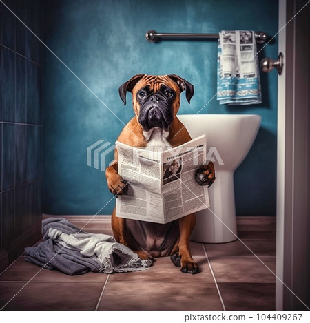 Full-body shot of a happy boxer dog sitting on the toilet with a newspaper, Generative AI Full-body shot of a happy boxer dog sitting on the toilet with a newspaper, Generative AI 104409267