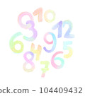Colorful number composition, hand drawn chalk art on white background. 104409432