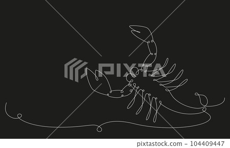 Scorpio zodiac constellation one single hand drawing continues line banner. Vector stock illustration isolated on black chalkboard background. Editable stroke line. EPS10 Scorpio zodiac constellation one single hand drawing continues line banner. Vector stock illustration isolated on black chalkboard background. Editable stroke line. EPS10 104409447