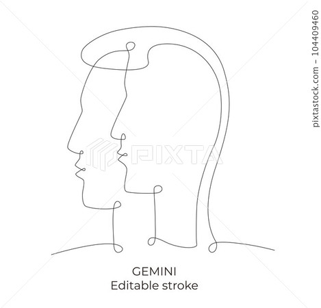 Gemini zodiac constellation one single hand drawing continues line. Vector stock illustration isolated on white background. Editable stroke line. EPS10 Gemini zodiac constellation one single hand drawing continues line. Vector stock illustration isolated on white background. Editable stroke line. EPS10 104409460