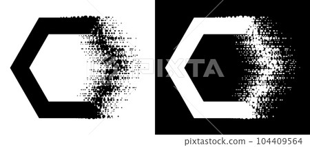 Hexagones with glitch halftone texture. Black shape on a white background and the same white shape on the black side. Hexagones with glitch halftone texture. Black shape on a white background and the same white shape on the black side. 104409564