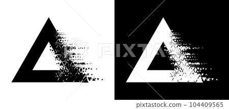 Triangles with glitch halftone texture. Black shape on a white background and the same white shape on the black side. Triangles with glitch halftone texture. Black shape on a white background and the same white shape on the black side. 104409565
