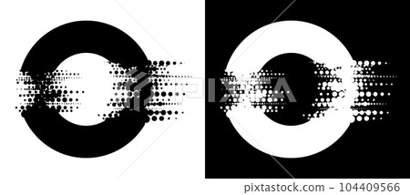 Circles with glitch halftone texture. Black shape on a white background and the same white shape on the black side. Circles with glitch halftone texture. Black shape on a white background and the same white shape on the black side. 104409566