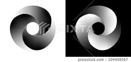 Circle abstract background with halftone dots in spiral. Black shape on a white background and the same white shape on the black side. Circle abstract background with halftone dots in spiral. Black shape on a white background and the same white shape on the black side. 104409567