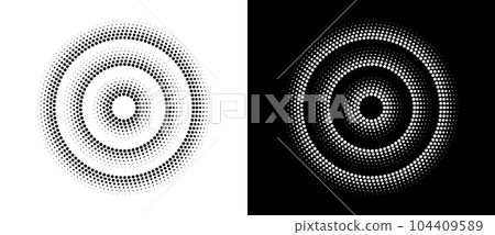 Abstract halftone dotted circles advertising background. Ripple optical illusion effect. Black shape on a white background and the same white shape on the black side. Abstract halftone dotted circles advertising background. Ripple optical illusion effect. Black shape on a white background and the same white shape on the black side. 104409589