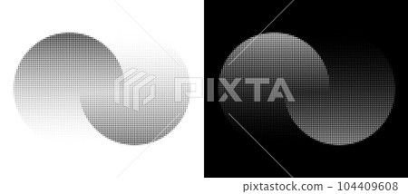 Two circles with transition or unity. Halftone dotted abstract background. Black shape on a white background and the same white shape on the black side. Two circles with transition or unity. Halftone dotted abstract background. Black shape on a white background and the same white shape on the black side. 104409608