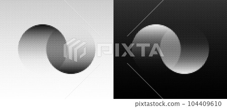 Two circles with transition or unity. Halftone dotted abstract background. Black shape on a white background and the same white shape on the black side. Two circles with transition or unity. Halftone dotted abstract background. Black shape on a white background and the same white shape on the black side. 104409610