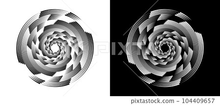 Circle abstract background with dynamic lines in spiral. Black shape on a white background and the same white shape on the black side. Circle abstract background with dynamic lines in spiral. Black shape on a white background and the same white shape on the black side. 104409657