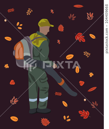 Vector isolated illustration of a man cleaning autumn leaves. Communal services of vacuum cleaning of autumn leaves. 104409668