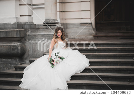Beautiful fashion bride in wedding dress posing Beautiful fashion bride in wedding dress posing 104409683