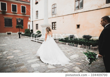 Lovely happy wedding couple, bride with long white dress Lovely happy wedding couple, bride with long white dress 104409700