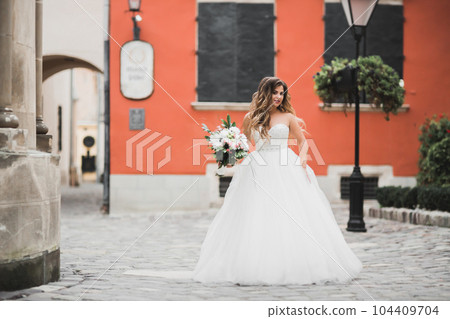 Beautiful fashion bride in wedding dress posing Beautiful fashion bride in wedding dress posing 104409704