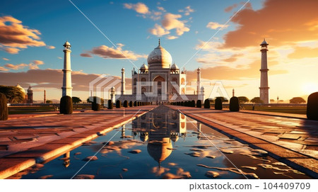 Amazing view on the Taj Mahal in sunset light with reflection in water. Amazing view on the Taj Mahal in sunset light with reflection in water. 104409709