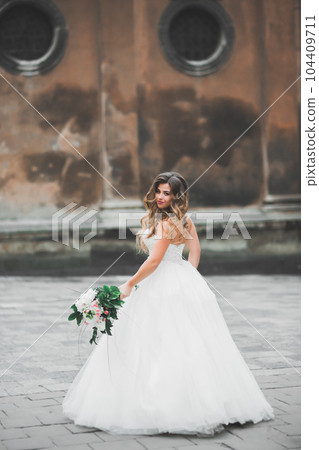 Beautiful fashion bride in wedding dress posing Beautiful fashion bride in wedding dress posing 104409711