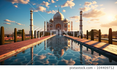 Amazing view on the Taj Mahal in sunset light with reflection in water. Amazing view on the Taj Mahal in sunset light with reflection in water. 104409712