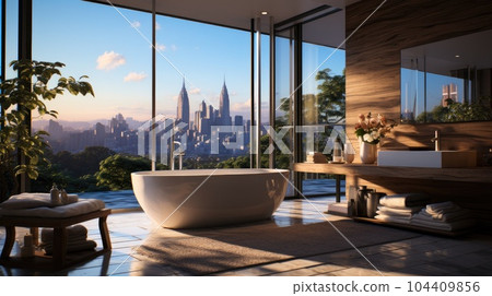 Luxury bathroom with garden view, Showered by natural light in modern style. 104409856