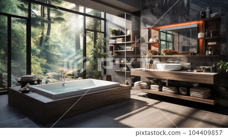 Luxury bathroom with garden view, Showered by natural light in modern style. 104409857