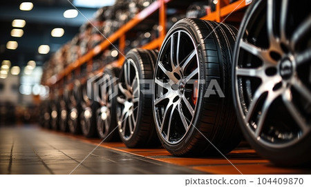 Transportation Tire rubber products, Group of new tires for sale at a tire store. Transportation Tire rubber products, Group of new tires for sale at a tire store. 104409870