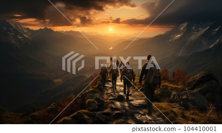 Hikers success on top mountains, Motivation, Teamwork and Leadership. Hikers success on top mountains, Motivation, Teamwork and Leadership. 104410001