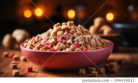 Dog food, Dry dog food in feeding bowl. 104410011