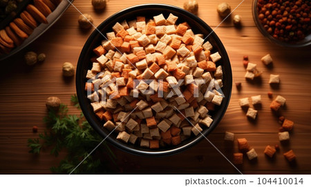 Dry dog food in feeding bowl. Dry dog food in feeding bowl. 104410014