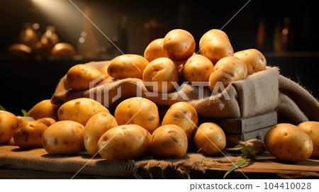 Raw potato food, Fresh potatoes on wooden background. 104410028