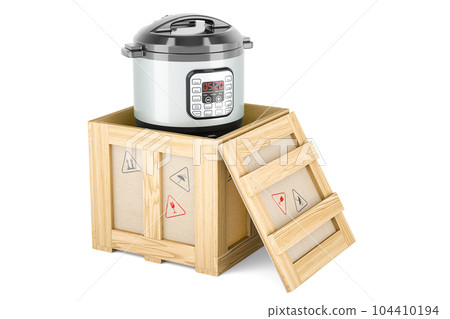 Automatic Multicooker inside wooden box, delivery concept. 3D rendering Automatic Multicooker inside wooden box, delivery concept. 3D rendering 104410194