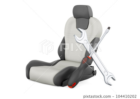 Leather bucket seat auto with screwdriver and wrench. 3D rendering Leather bucket seat auto with screwdriver and wrench. 3D rendering 104410202