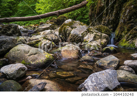 The Pwll y Berw River near The Sychryd Cascades or Sgydau Sychryd Falls in Waterfall Country near the Dinas Rock, Pontneddfechan, Brecon Beacons National Park, South Wales, UK. Long exposure water. 104410248