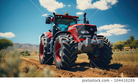 Tractor with a plow working in the field, Farmer driving a new modern tractor plows the land. Tractor with a plow working in the field, Farmer driving a new modern tractor plows the land. 104410289