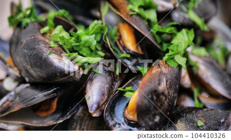 Sauteed mussels in a savory sauce on a buffet displayed on a large platter seasoned with fresh herbs in a close up view 104410326