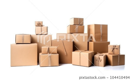 Lots of various cardboard carton boxes on white background, Delivery, online marketing packaging box 104410494
