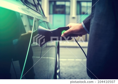 Closeup hand holding EV charger plug from public charging station for electric vehicle. 104410507