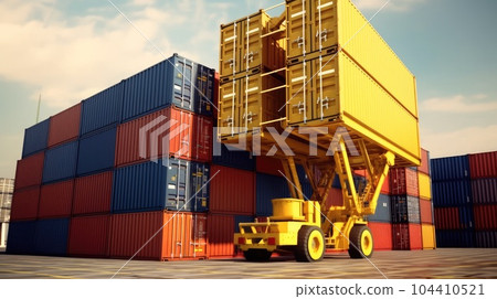 Container stacker crane lifting up stacking, Logistics. 104410521