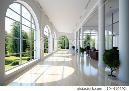 Beautiful modern spacious office hall with panoramic windows and pleasant natural. Beautiful modern spacious office hall with panoramic windows and pleasant natural. 104410692