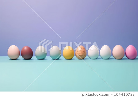 Stylish easter eggs on blue background, Easter still life, Modern greeting card or banner. Stylish easter eggs on blue background, Easter still life, Modern greeting card or banner. 104410752