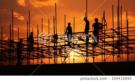 Silhouette of construction worker checking project at building site background. Silhouette of construction worker checking project at building site background. 104410895