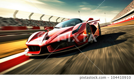 Front view of supercar, Fast moving generic sports car on a racetrack. Front view of supercar, Fast moving generic sports car on a racetrack. 104410910