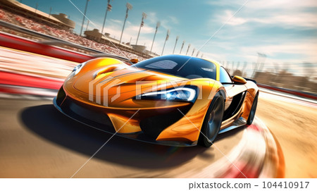 Sports car moving at high speed on a racetrack, There is motion blur to the track. Sports car moving at high speed on a racetrack, There is motion blur to the track. 104410917