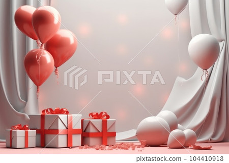 Abstract valentines day background with balloons love heart pattern and gift box. 104410918