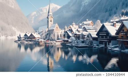 The idyllic village of Hallstatt with lake in the Austrian Alps, In winter time covered with snow. 104410944