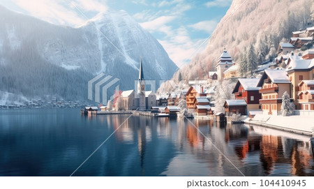 Hallstatt lakeside town in the Austrian Alps reflecting in Hallstattersee lake on a winter time. 104410945