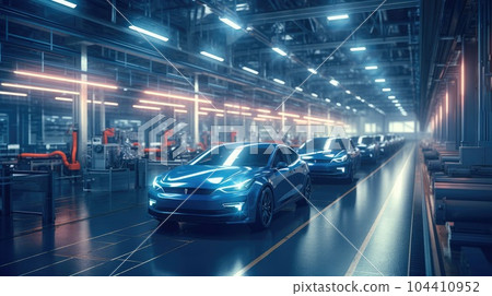 Automobile assembly line production, Unfinished automobiles in a car plant. 104410952