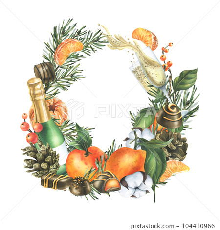 Christmas template wreath tangerines, sweets, spices, champagne and plants. Watercolor illustration, hand drawn for holiday decor. Frame on a white background. 104410966